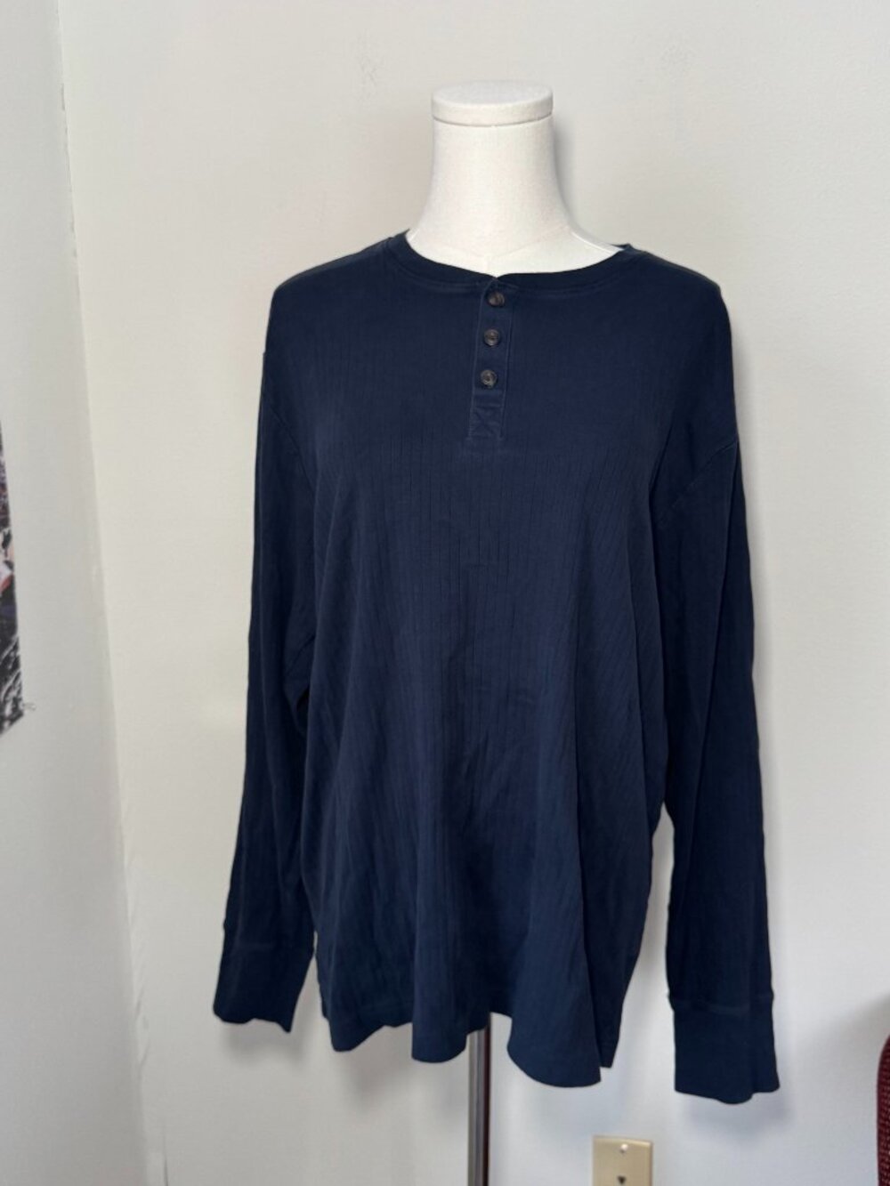 Land's End Navy Blue Henley Long Sleeve Casual Top